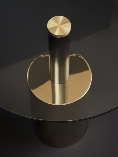 Orsina Oria Glass End Table – Black and Gold Metal Pedestal Side Table