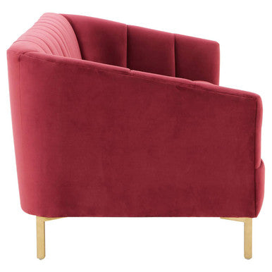 Orsina Bella 3-Seater Wine Velvet Sofa with Gold Legs – Channel Tufted