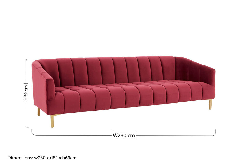 Orsina Bella 3-Seater Wine Velvet Sofa with Gold Legs – Channel Tufted