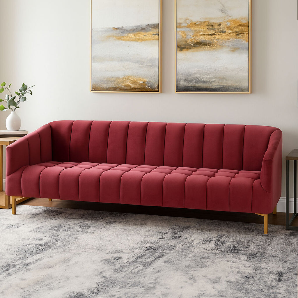 Orsina Bella 3-Seater Wine Velvet Sofa with Gold Legs – Channel Tufted