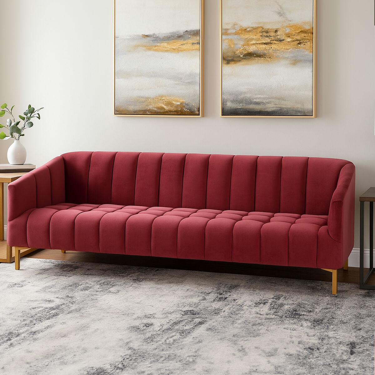 Orsina Bella 3-Seater Wine Velvet Sofa with Gold Legs – Channel Tufted
