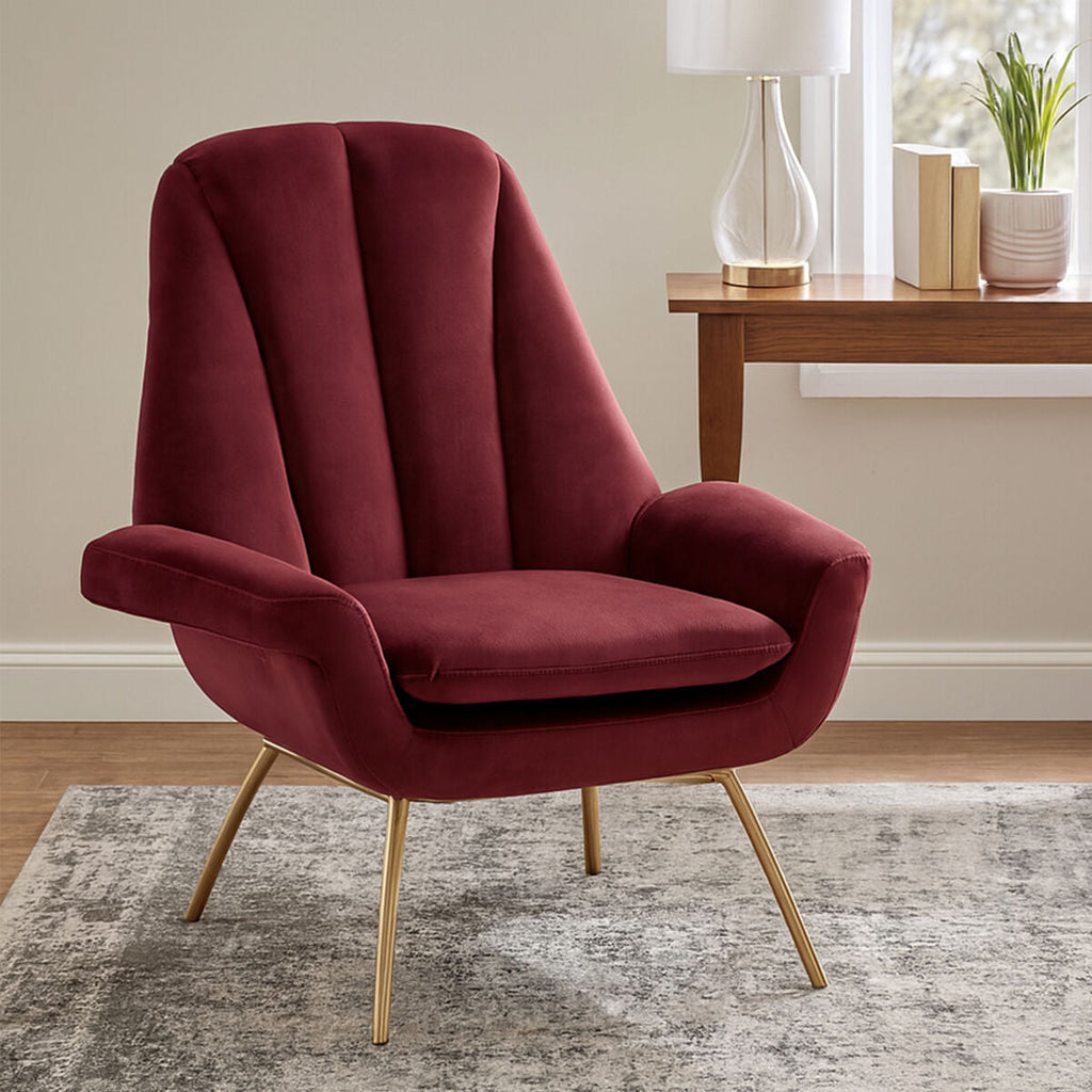 Orsina Billi Wine Velvet Lounge Chair – Tufted Armchair with Gold Legs