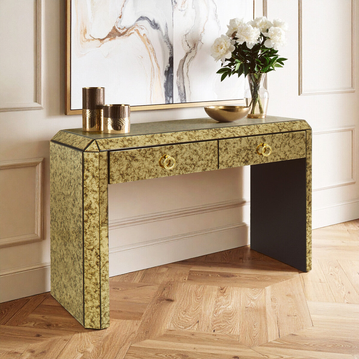 Orsina Komo Gold Mirrored Console Table – 2 Drawer Entryway Table