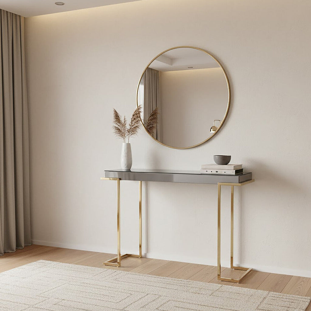 Orsina Kaso Grey Mirrored Console Table | Gold Stainless Steel Base