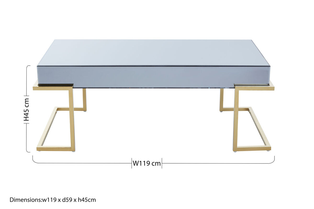 Orsina Kaso Coffee Table – Grey Mirrored Glass & Gold Sledge Base