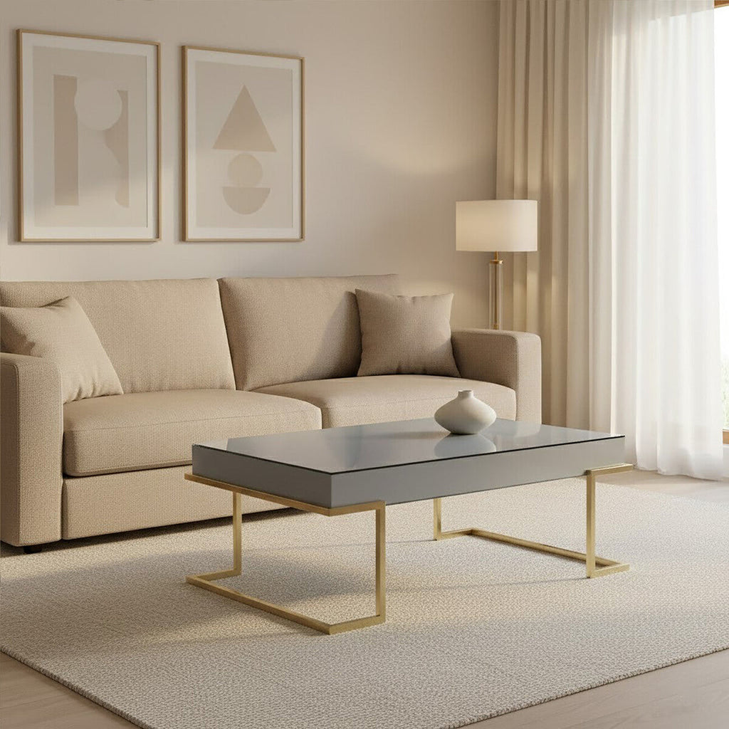 Orsina Kaso Coffee Table – Grey Mirrored Glass & Gold Sledge Base
