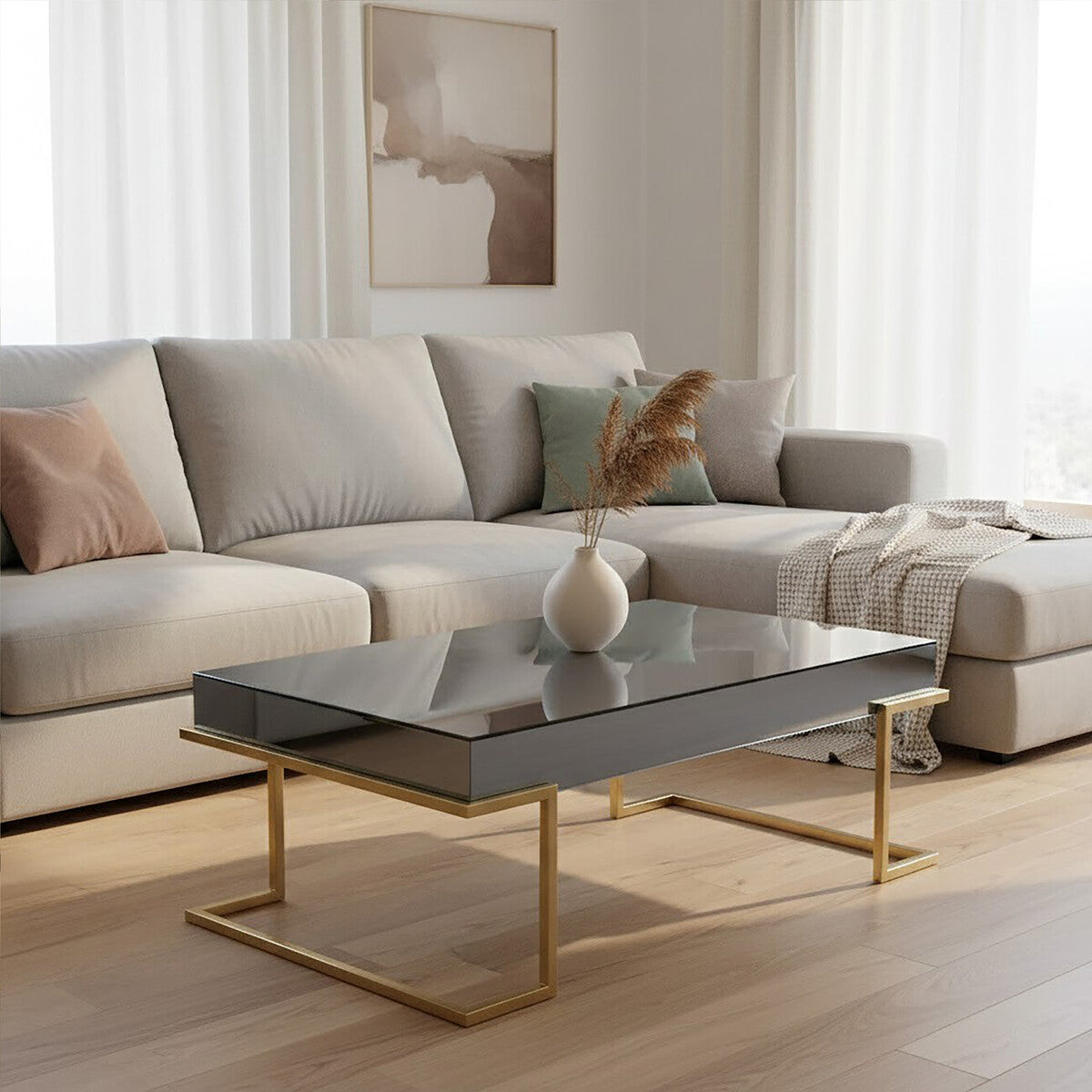 Orsina Kaso Coffee Table – Grey Mirrored Glass & Gold Sledge Base