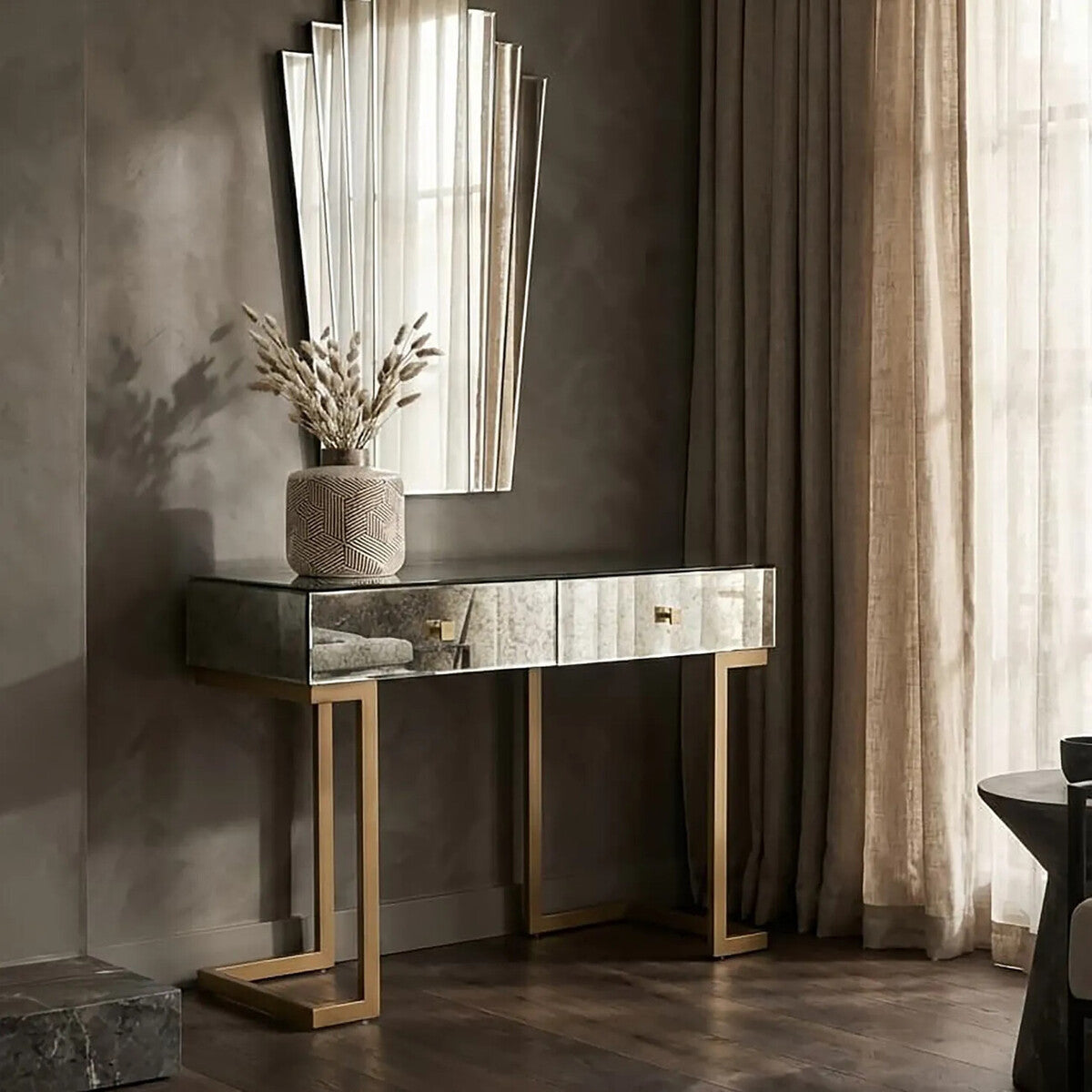 Orsina Kesena Mirrored Console Table | Brass Finish 2-Drawer Entryway