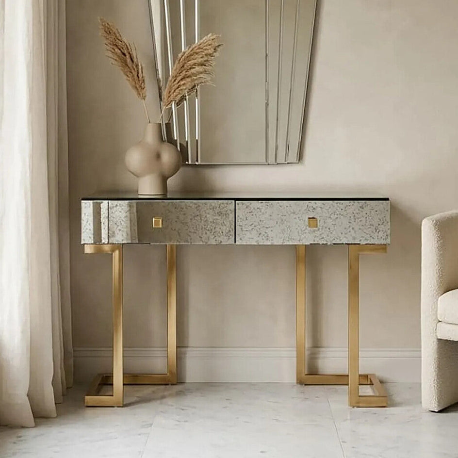 Orsina Kesena Mirrored Console Table | Brass Finish 2-Drawer Entryway