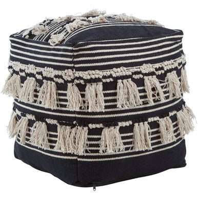 Orsina Cefena Black Pouffe – Woven Boho Ottoman with Tassels
