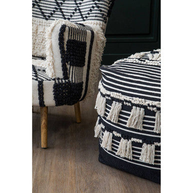 Orsina Cefena Black Pouffe – Woven Boho Ottoman with Tassels