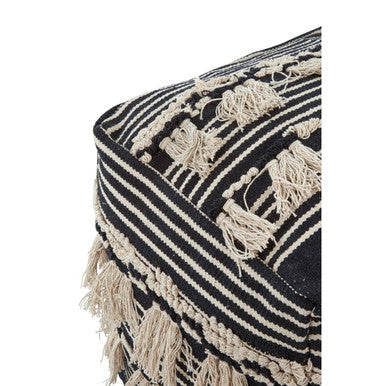 Orsina Cefena Black Pouffe – Woven Boho Ottoman with Tassels