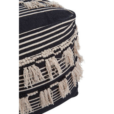 Orsina Cefena Black Pouffe – Woven Boho Ottoman with Tassels