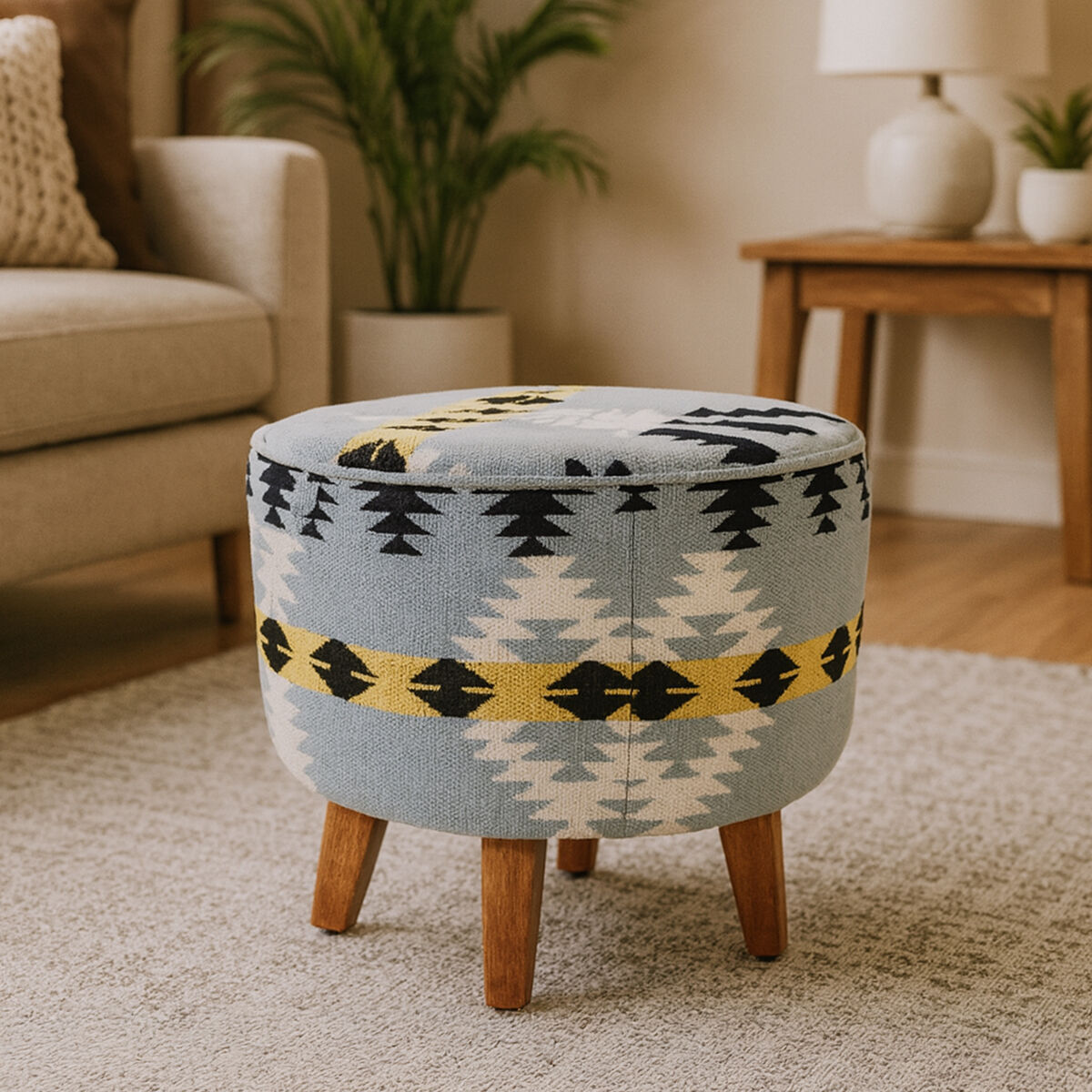 Orsina Cefena Round Footstool – Geometric Mango Wood Accent Stool