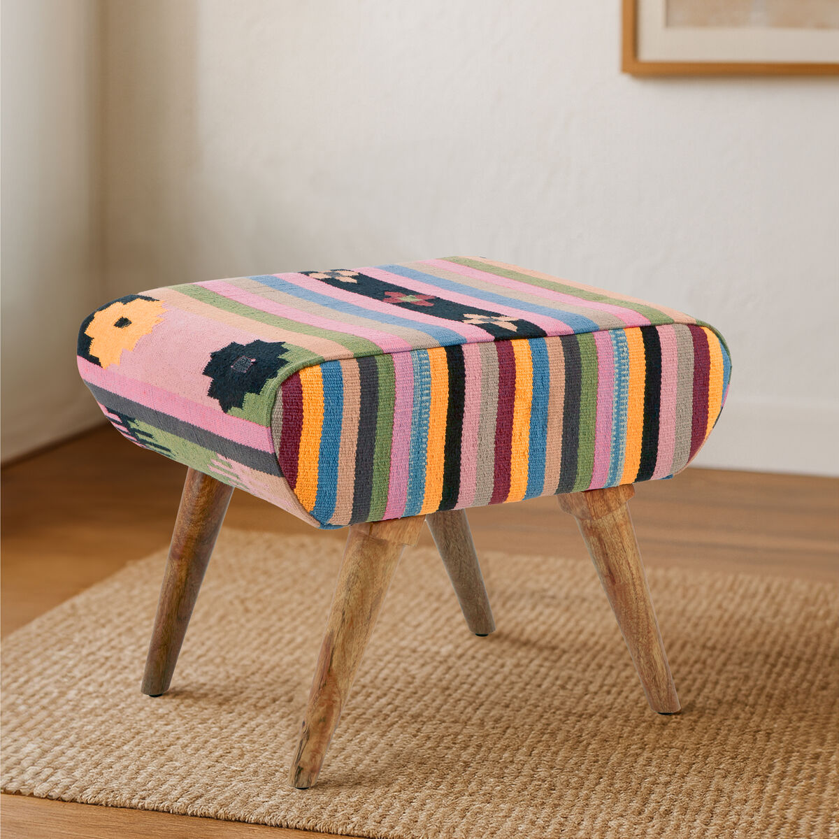 Orsina Cefena Multicolour Tribal Footstool – Mango Wood & Cotton