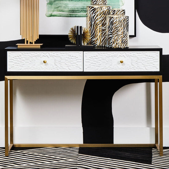 Orsina Dumas Black and White 2-Drawer Console Table with Gold Base