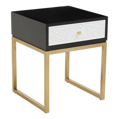 Orsina Dumas Side Table – Black and White 1-Drawer Nightstand with Gold