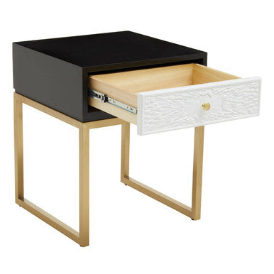 Orsina Dumas Side Table – Black and White 1-Drawer Nightstand with Gold