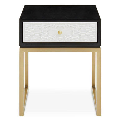 Orsina Dumas Side Table – Black and White 1-Drawer Nightstand with Gold