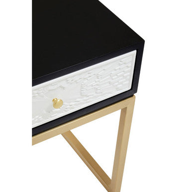 Orsina Dumas Side Table – Black and White 1-Drawer Nightstand with Gold