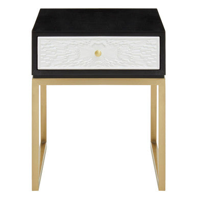 Orsina Dumas Side Table – Black and White 1-Drawer Nightstand with Gold
