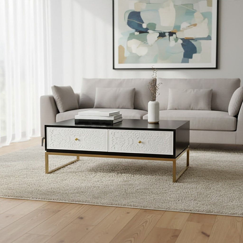 Orsina Dumas Coffee Table – 4 Drawer Monochrome & Gold Metallic