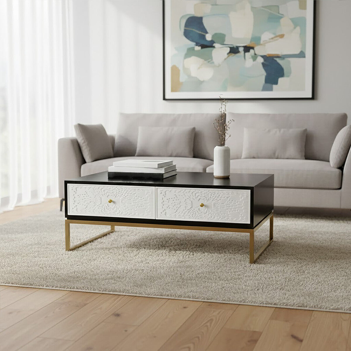 Orsina Dumas Coffee Table – 4 Drawer Monochrome & Gold Metallic