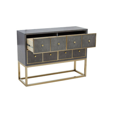 Orsina Deskey Grey Shagreen 4-Drawer Console Table | Gold Finish
