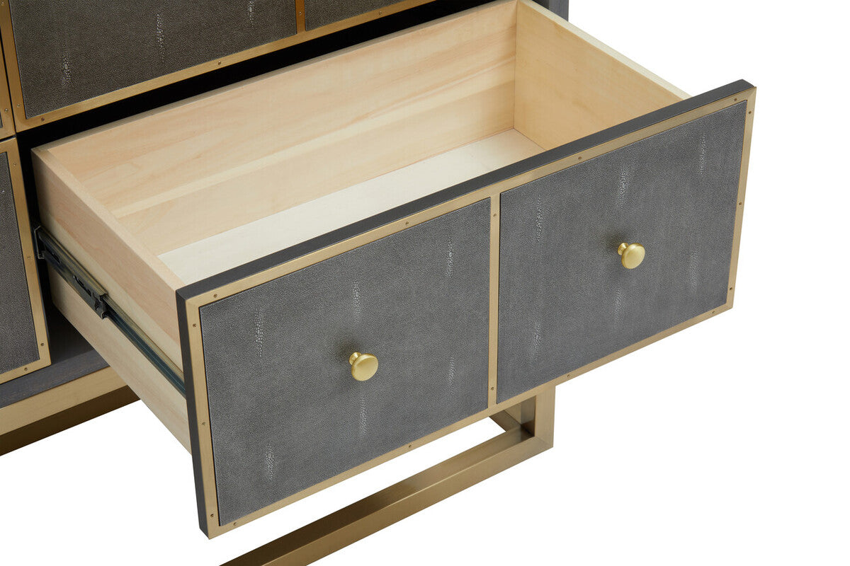 Orsina Deskey Grey Shagreen 4-Drawer Console Table | Gold Finish
