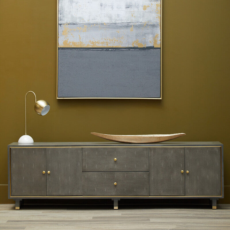 Orsina Grey Shagreen Media Unit – Modern TV Stand with Gold Detail
