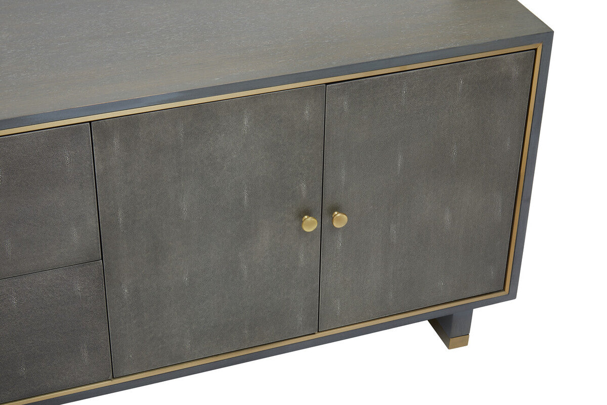 Orsina Grey Shagreen Media Unit – Modern TV Stand with Gold Detail