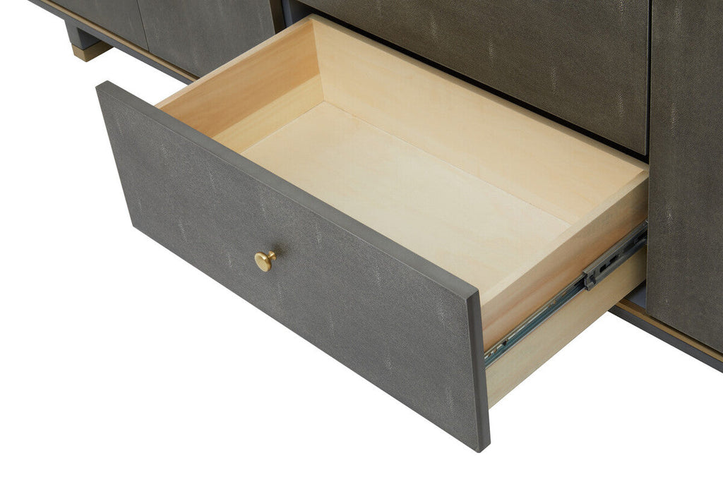 Orsina Grey Shagreen Media Unit – Modern TV Stand with Gold Detail