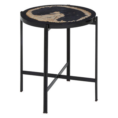 Orsina Relic Petrified Wood and Resin Side Table – Black Iron Base