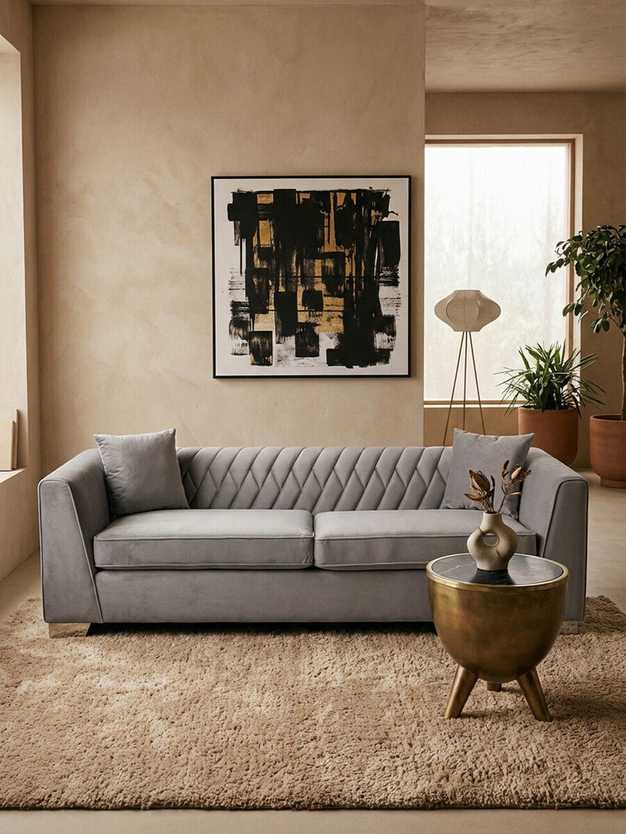 Orsina Rashika 3 Seater Grey Velvet Sofa with Herringbone Tufting