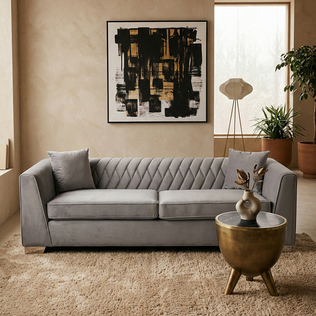 Orsina Rashika 3 Seater Grey Velvet Sofa with Herringbone Tufting
