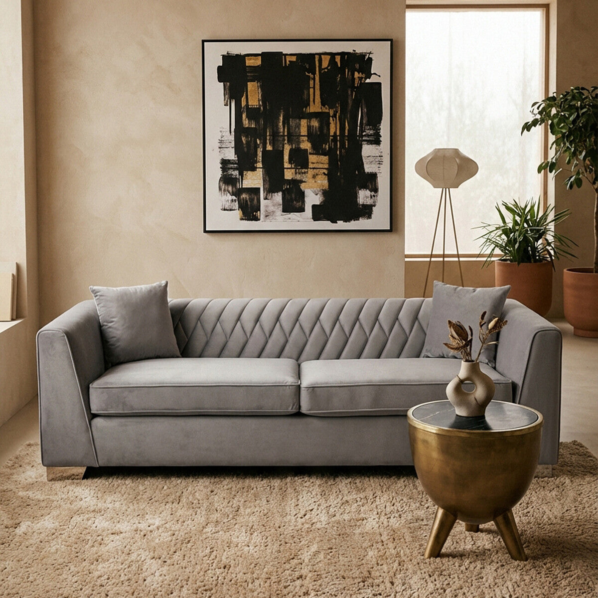 Orsina Rashika 3 Seater Grey Velvet Sofa with Herringbone Tufting