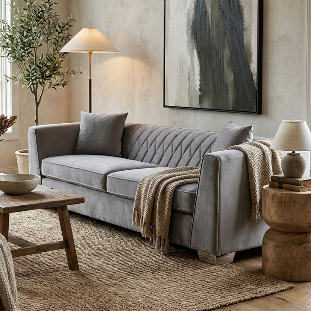 Orsina Rashika 3 Seater Grey Velvet Sofa with Herringbone Tufting