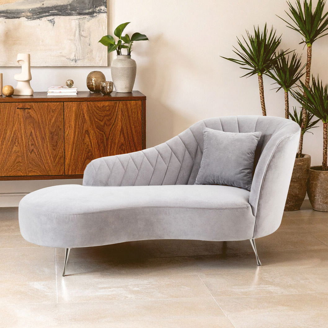 Orsina Rene Grey Velvet Right Hand Chaise Longue | Tufted Lounge Chair