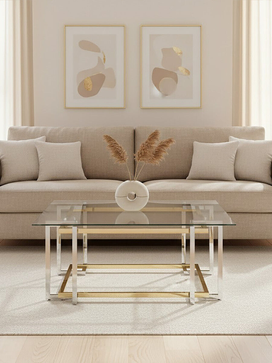 Orsina Elino Glass Coffee Table – Silver and Gold Stainless Steel