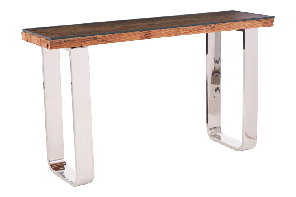 Orsina Kerala Console Table | Sal Wood and Glass with Silver Legs