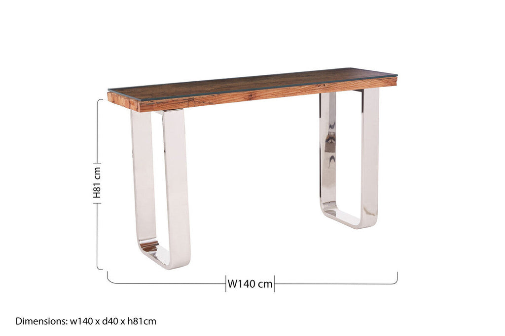Orsina Kerala Console Table | Sal Wood and Glass with Silver Legs