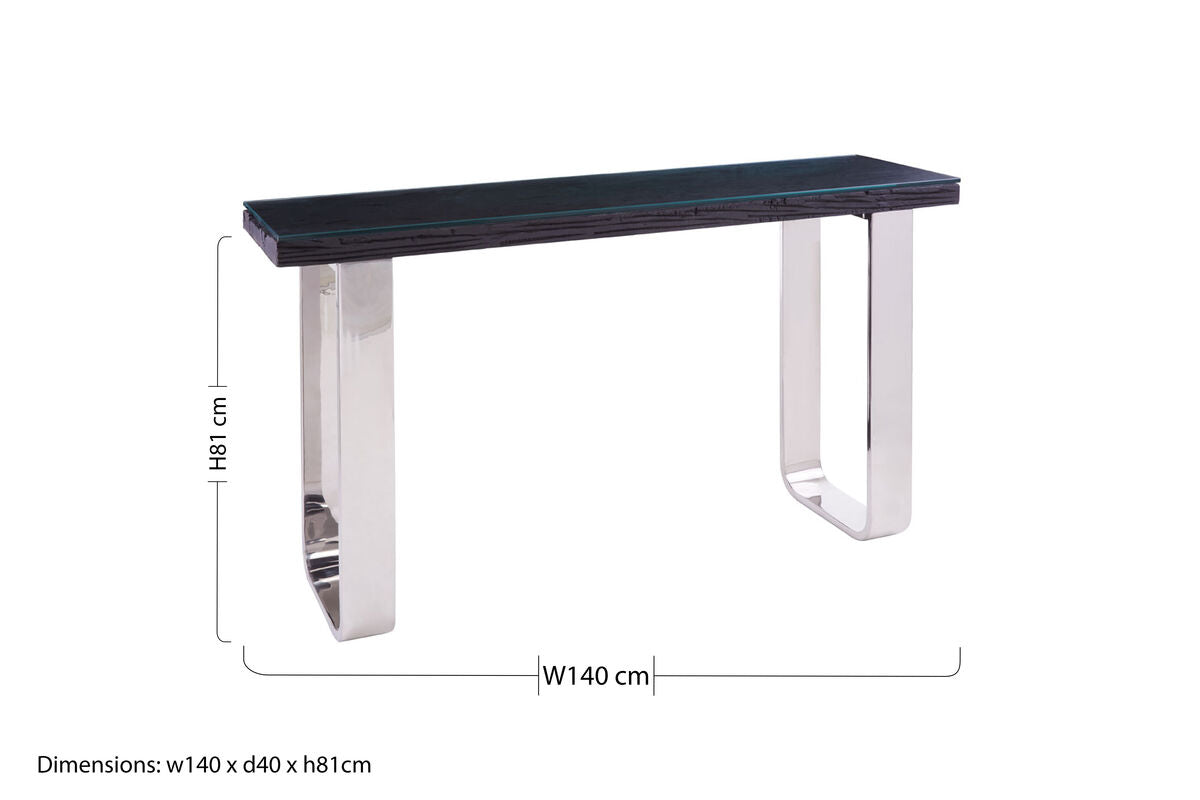 Orsina Kerala Black Wood and Glass Console Table with Silver Legs