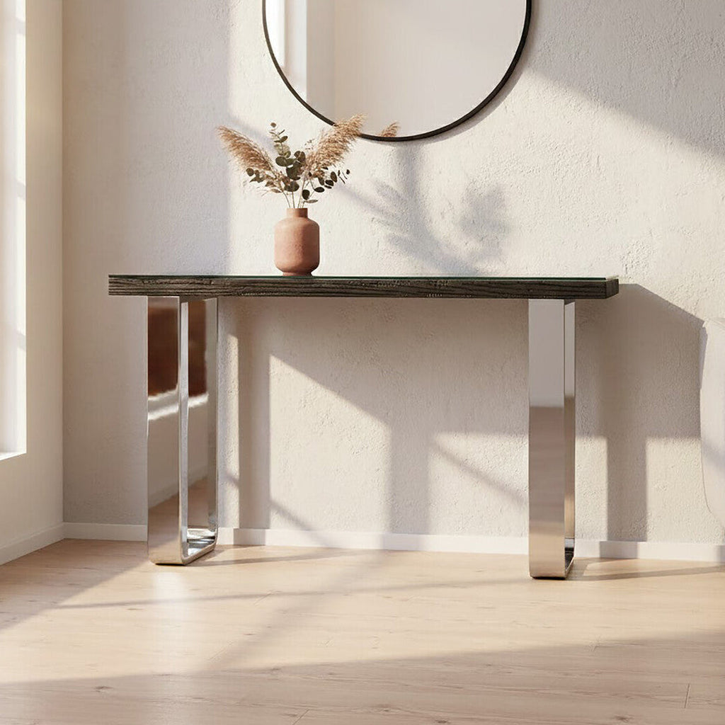 Orsina Kerala Black Wood and Glass Console Table with Silver Legs