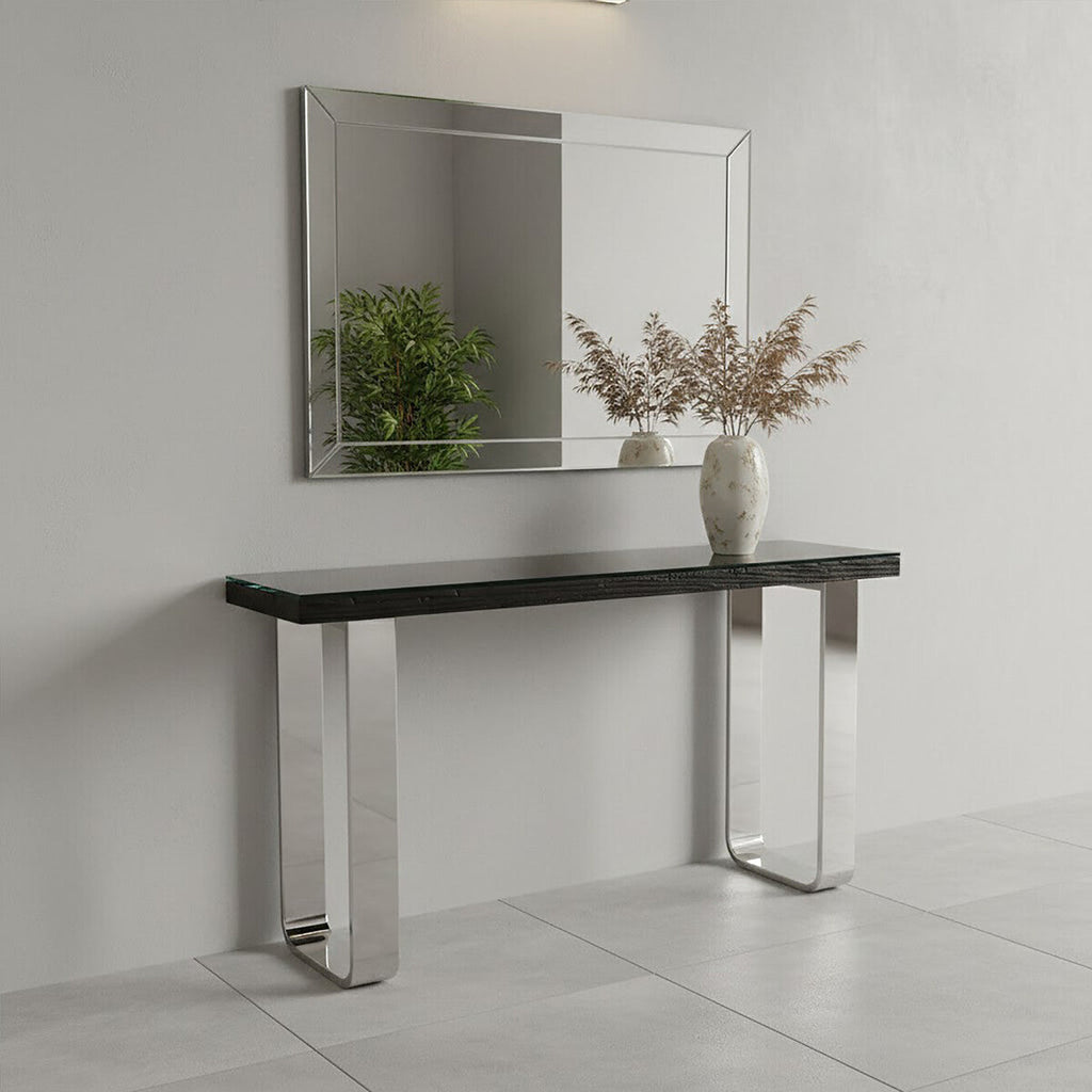 Orsina Kerala Black Wood and Glass Console Table with Silver Legs