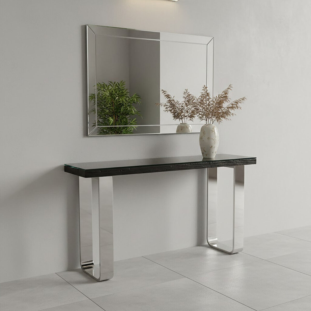 Orsina Kerala Black Wood and Glass Console Table with Silver Legs