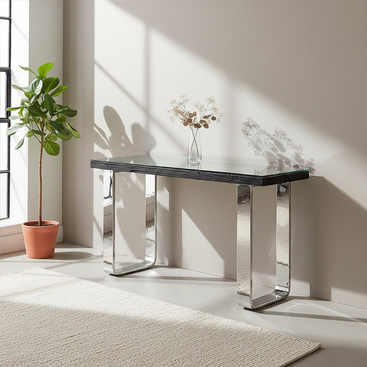 Orsina Kerala Black Wood and Glass Console Table with Silver Legs