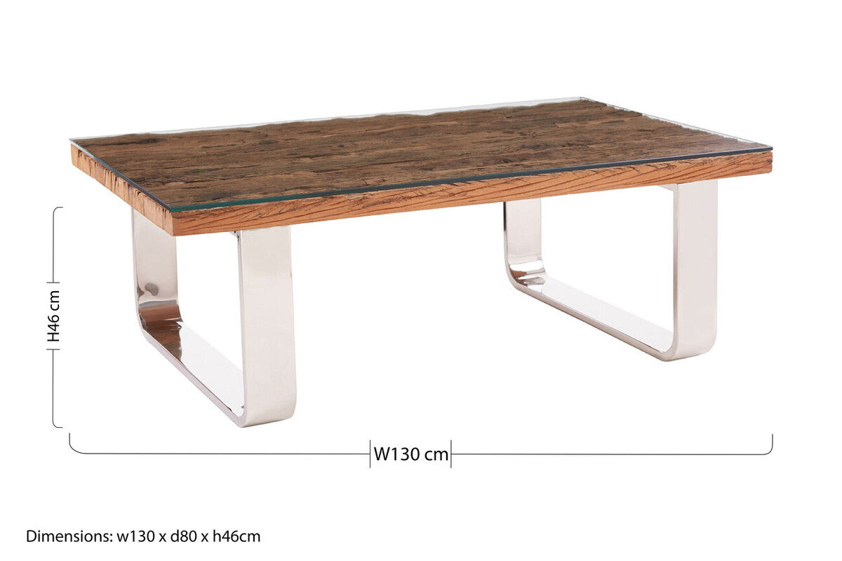 Orsina Sal Wood & Glass Coffee Table with Silver U-Shaped Legs