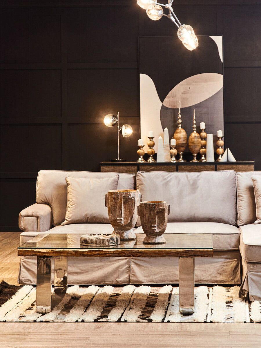 Orsina Sal Wood & Glass Coffee Table with Silver U-Shaped Legs