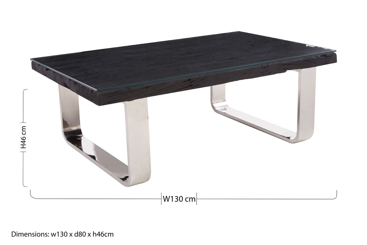Orsina Kerala Black Wood and Glass Coffee Table with Silver U-Base