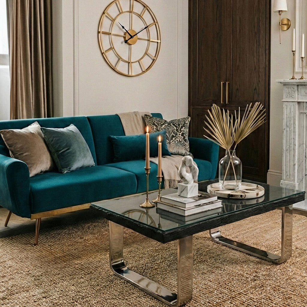 Orsina Kerala Black Wood and Glass Coffee Table with Silver U-Base